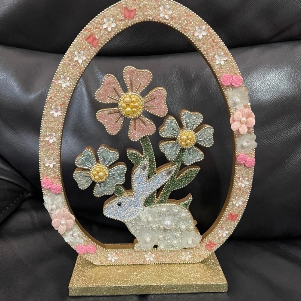 Easter Wood and Beaded Easter Egg and Bunny with Flowers